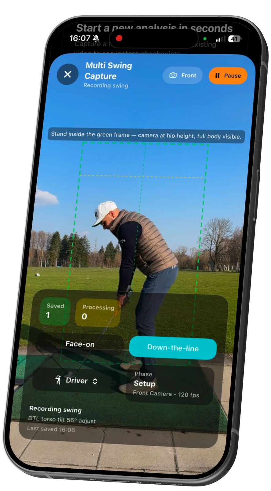 DeepSwing AI golf swing analysis app showing phase scores and 3D overlay